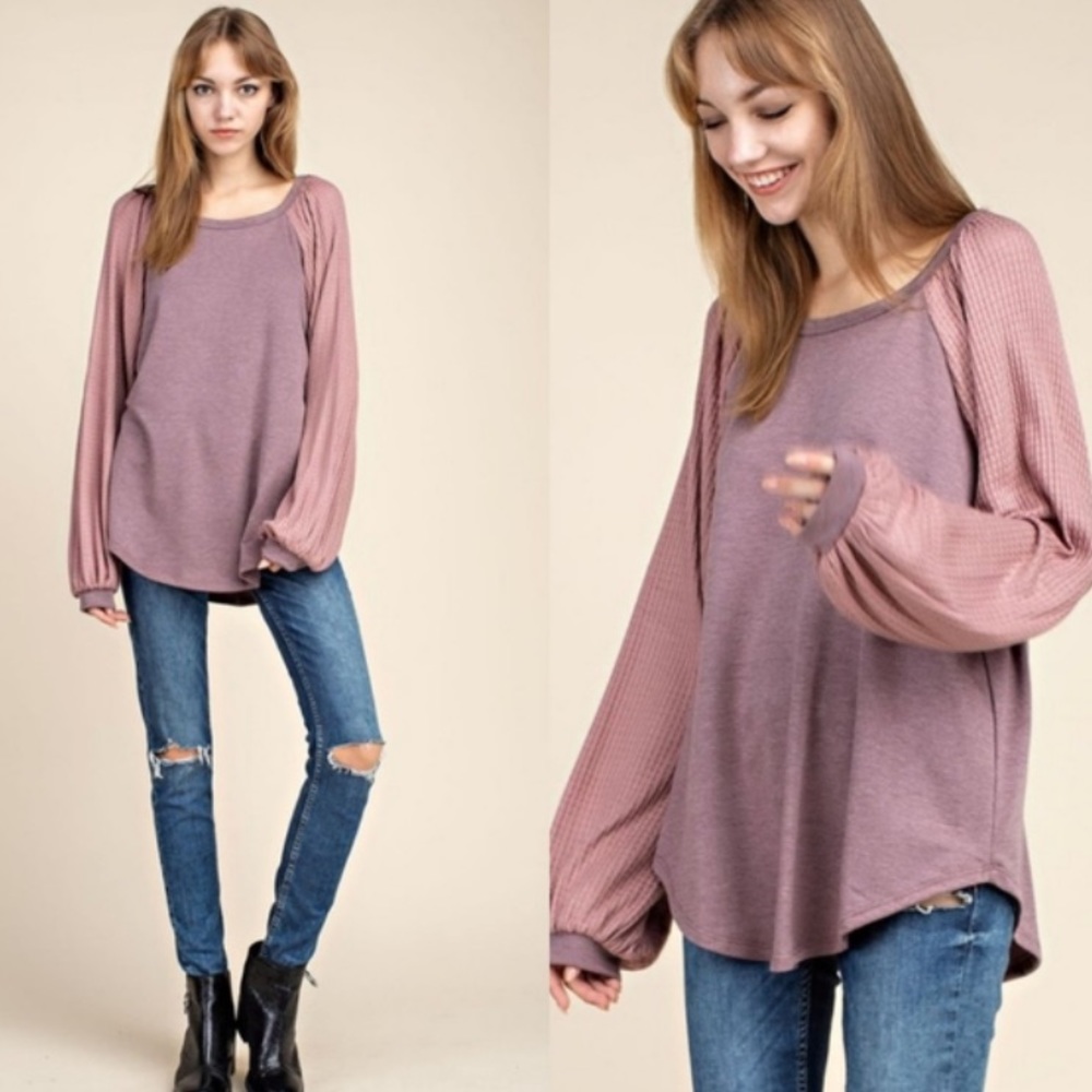 Pink Waffle Knit Long Sleeve Pink Top Size Large EUC